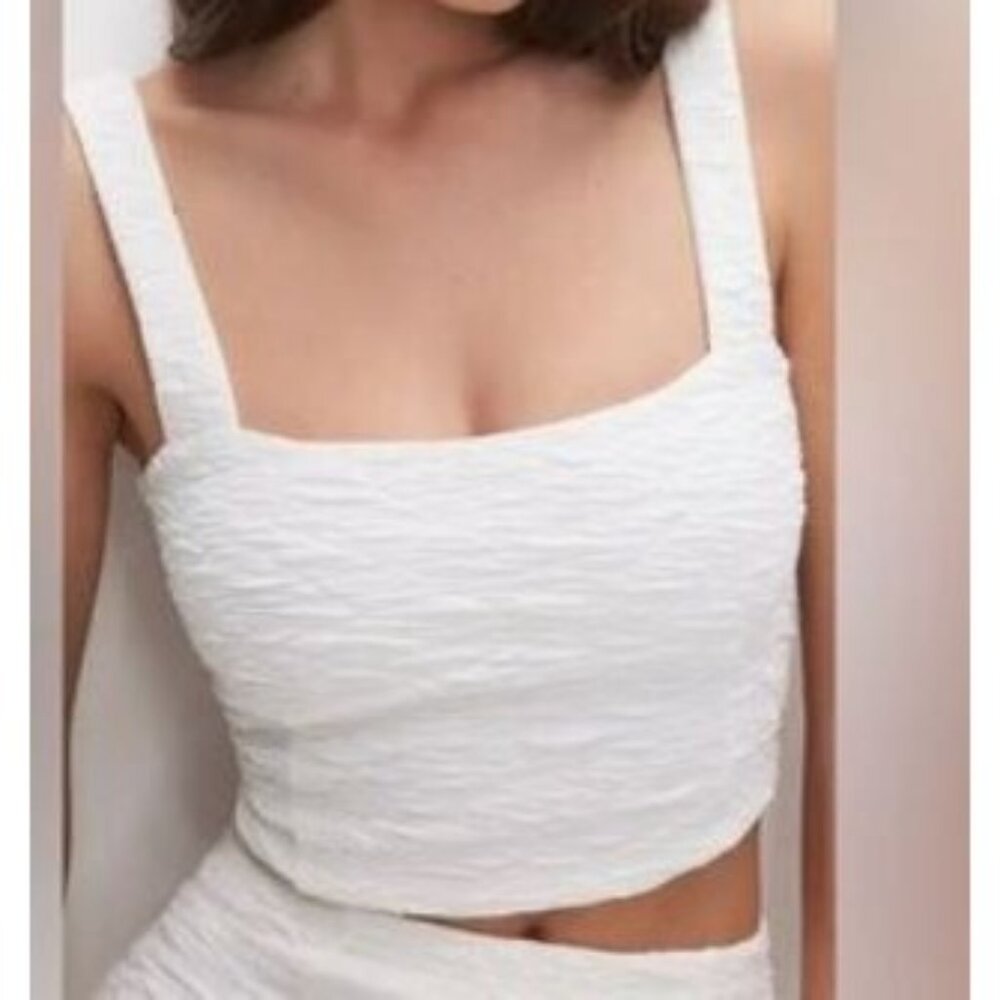 Good American Womens Textured Cloud White Crop Square Neck Top Small